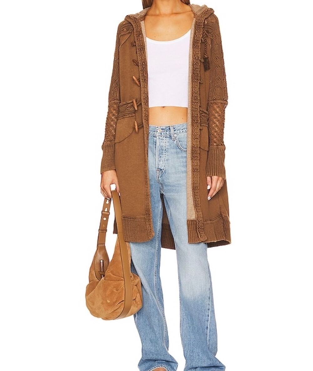 Free People Silverdale Cardi Brown Hooded Duster Cardigan Large